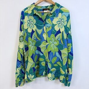 Bala Bala Retro Floral Crinkle Textured Button Front Shirt Womens XL Hippie Boho